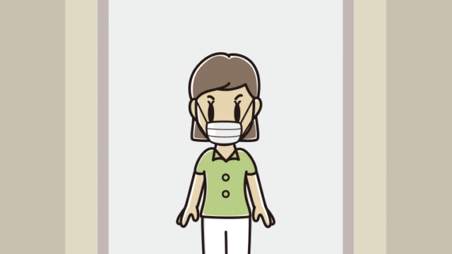 エレベーターでマスクをする女性会社員（クールビズ）のイラスト【色、背景あり】PNG