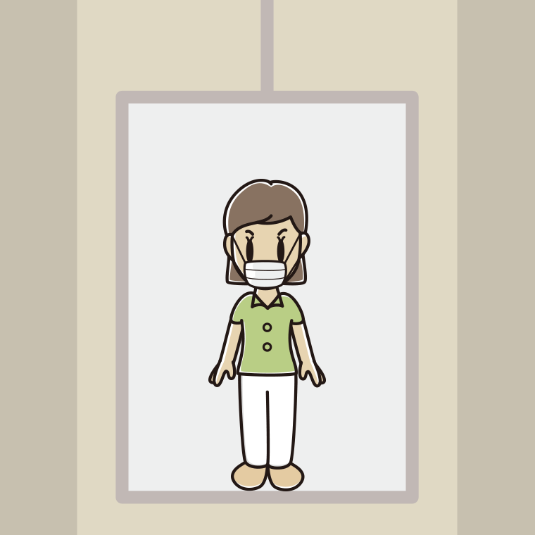 エレベーターでマスクをする女性会社員（クールビズ）のイラスト【色、背景あり】PNG