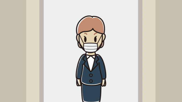 エレベーターでマスクをする年配女性会社員のイラスト【色、背景あり】PNG