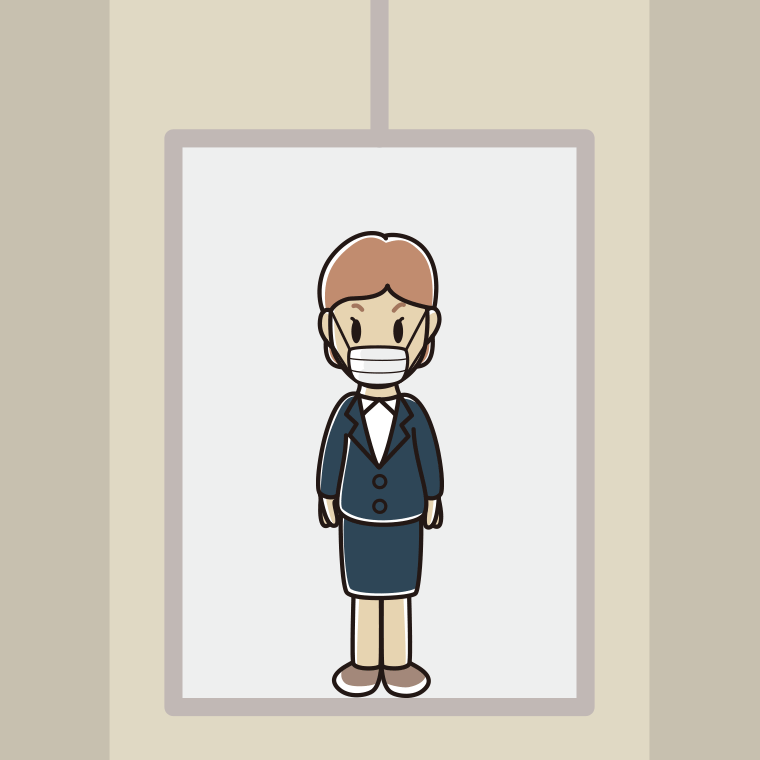 エレベーターでマスクをする年配女性会社員のイラスト【色、背景あり】PNG