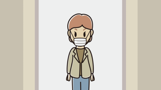 エレベーターでマスクをする年配女性会社員（カジュアル）のイラスト【色、背景あり】PNG