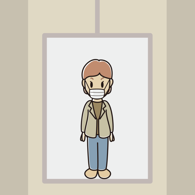 エレベーターでマスクをする年配女性会社員（カジュアル）のイラスト【色、背景あり】PNG