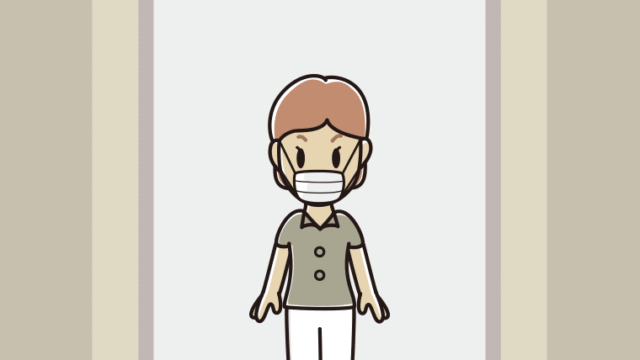 エレベーターでマスクをする年配女性会社員（クールビズ）のイラスト【色、背景あり】PNG