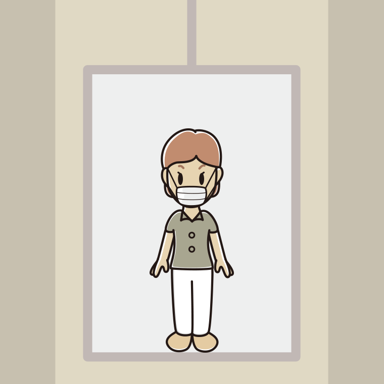 エレベーターでマスクをする年配女性会社員（クールビズ）のイラスト【色、背景あり】PNG