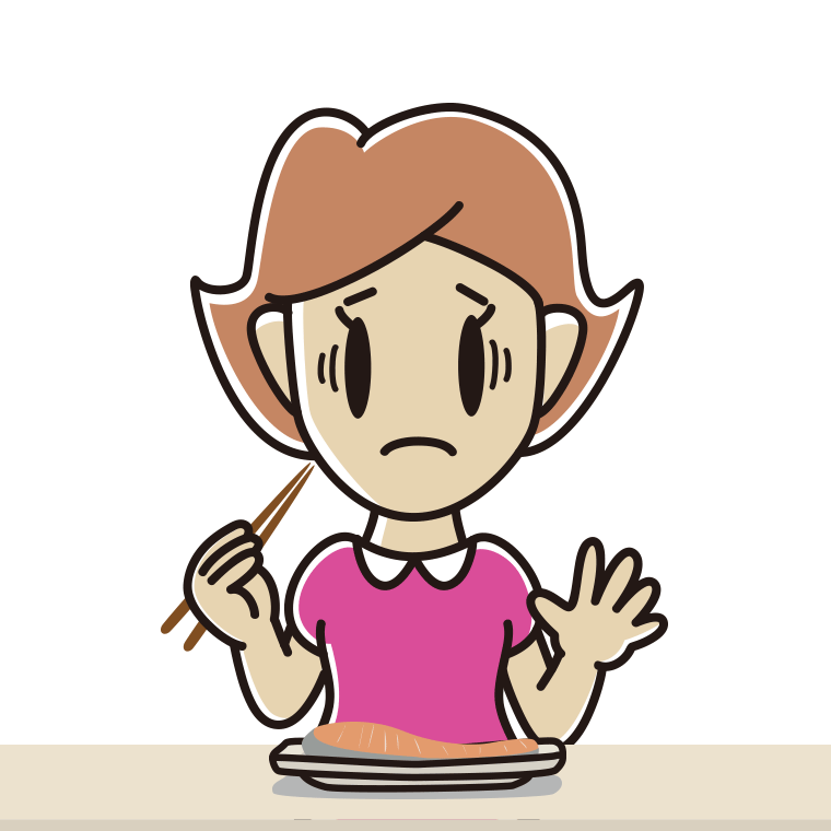 焼き鮭で困る女性のイラスト【色あり、背景なし】透過PNG