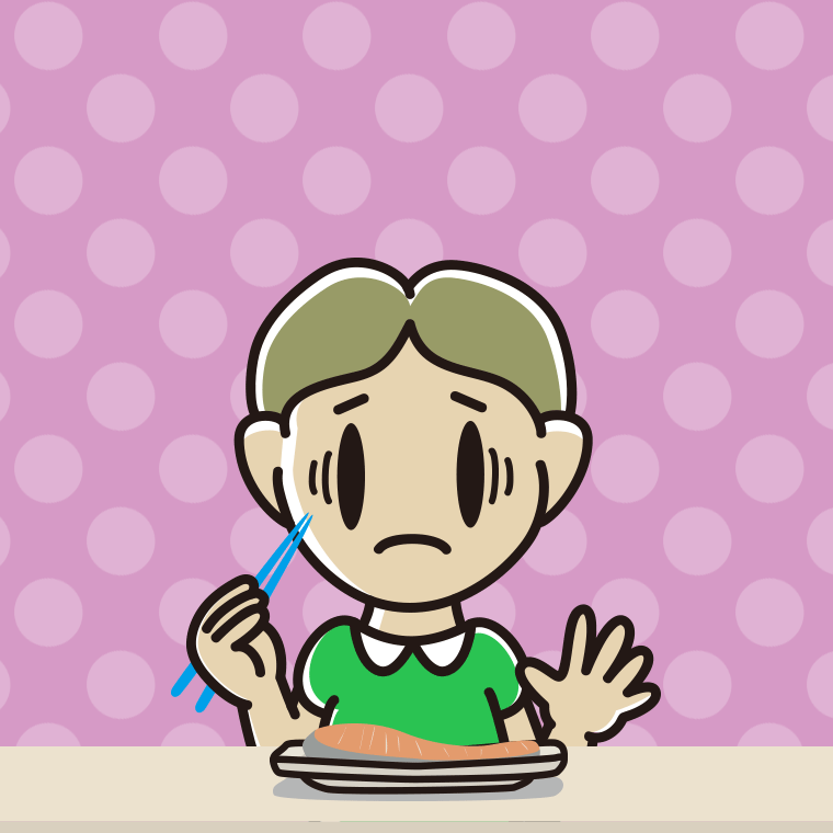 焼き鮭で困る小学生男子のイラスト【色、背景あり】PNG