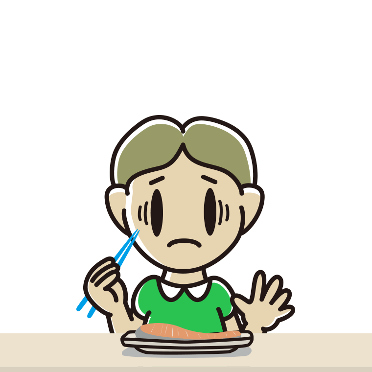 焼き鮭で困る小学生男子のイラスト【色あり、背景なし】透過PNG