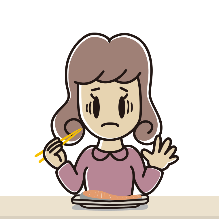 焼き鮭で困る女子大学生のイラスト【色あり、背景なし】透過PNG