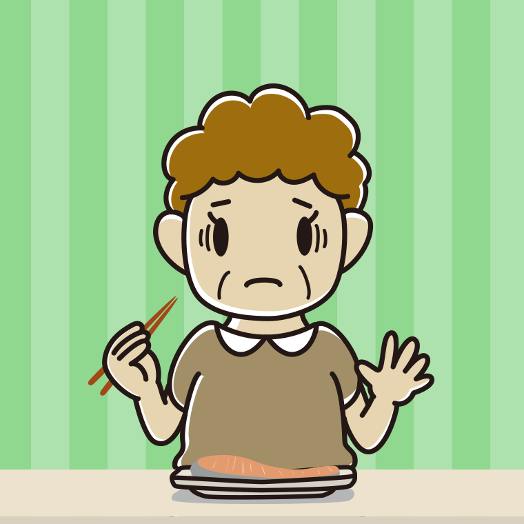 焼き鮭で困るおばさんのイラスト【色、背景あり】PNG