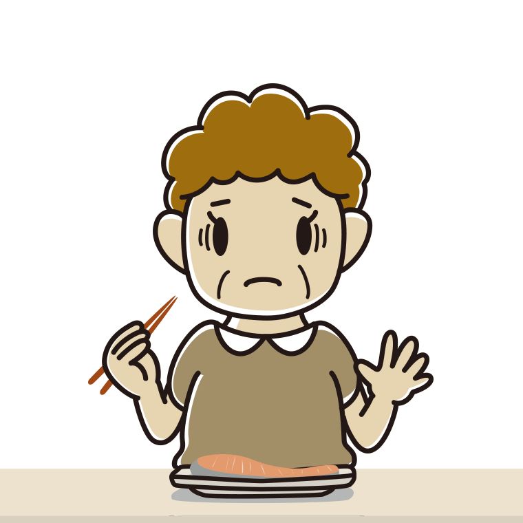 焼き鮭で困るおばさんのイラスト【色あり、背景なし】透過PNG