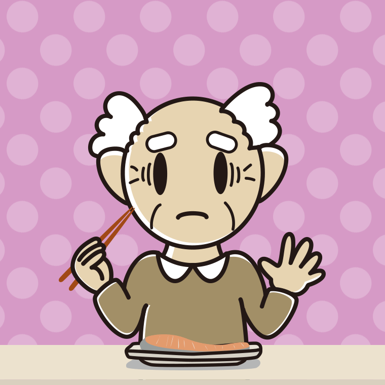 焼き鮭で困るおじいさんのイラスト【色、背景あり】PNG