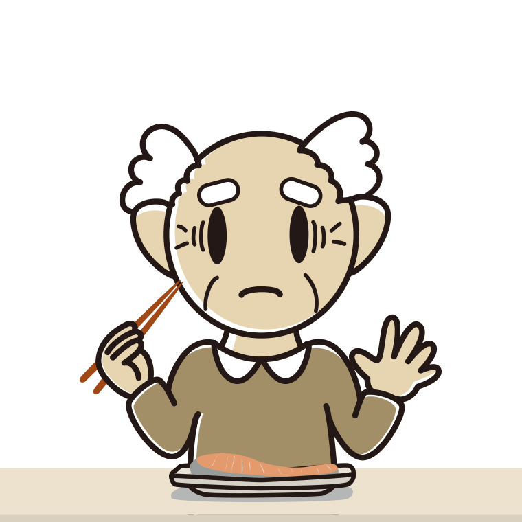 焼き鮭で困るおじいさんのイラスト【色あり、背景なし】透過PNG
