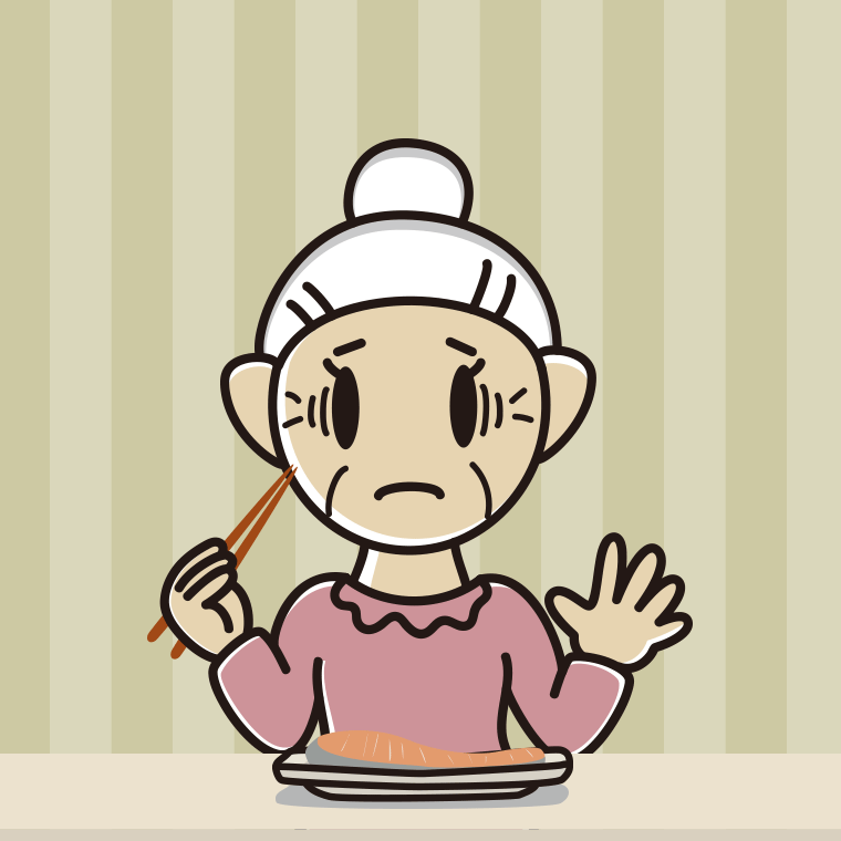 焼き鮭で困るおばあさんのイラスト【色、背景あり】PNG