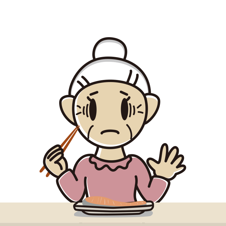 焼き鮭で困るおばあさんのイラスト【色あり、背景なし】透過PNG