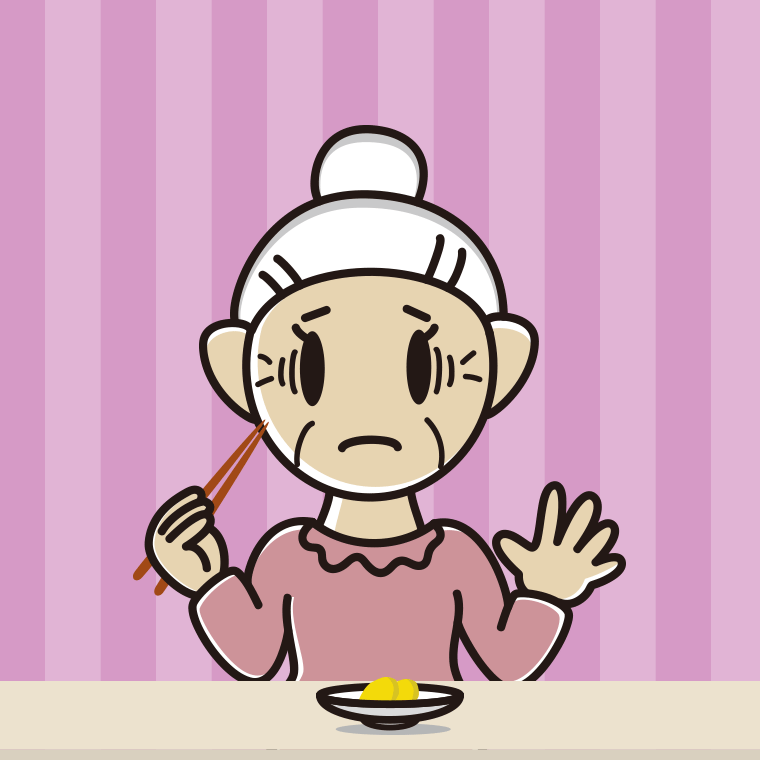 たくあんで困るおばあさんのイラスト【色、背景あり】PNG