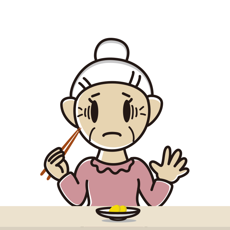 たくあんで困るおばあさんのイラスト【色あり、背景なし】透過PNG