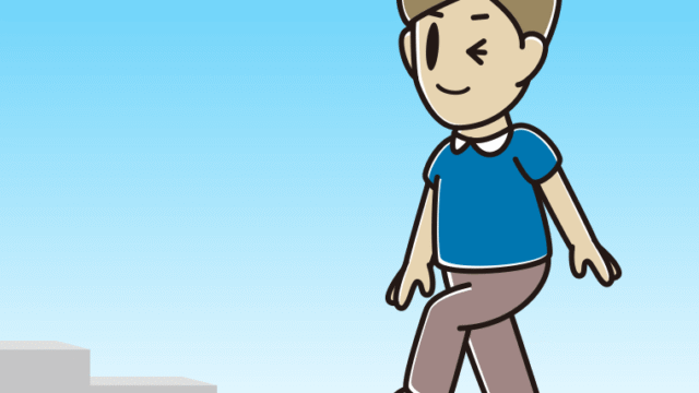 ウインクしながら階段を上る男性のイラスト【色、背景あり】PNG