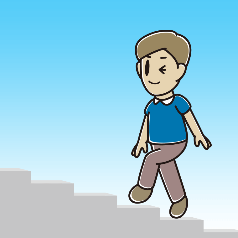 ウインクしながら階段を上る男性のイラスト【色、背景あり】PNG