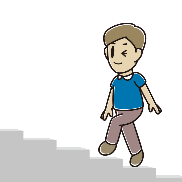 ウインクしながら階段を上る男性のイラスト【色あり、背景なし】透過PNG