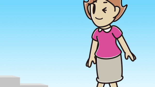 ウインクしながら階段を上る女性のイラスト【色、背景あり】PNG