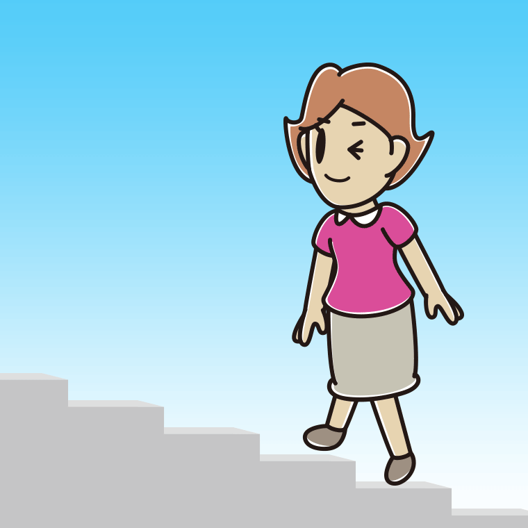 ウインクしながら階段を上る女性のイラスト【色、背景あり】PNG