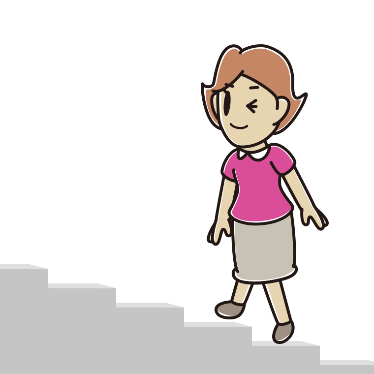 ウインクしながら階段を上る女性のイラスト【色あり、背景なし】透過PNG