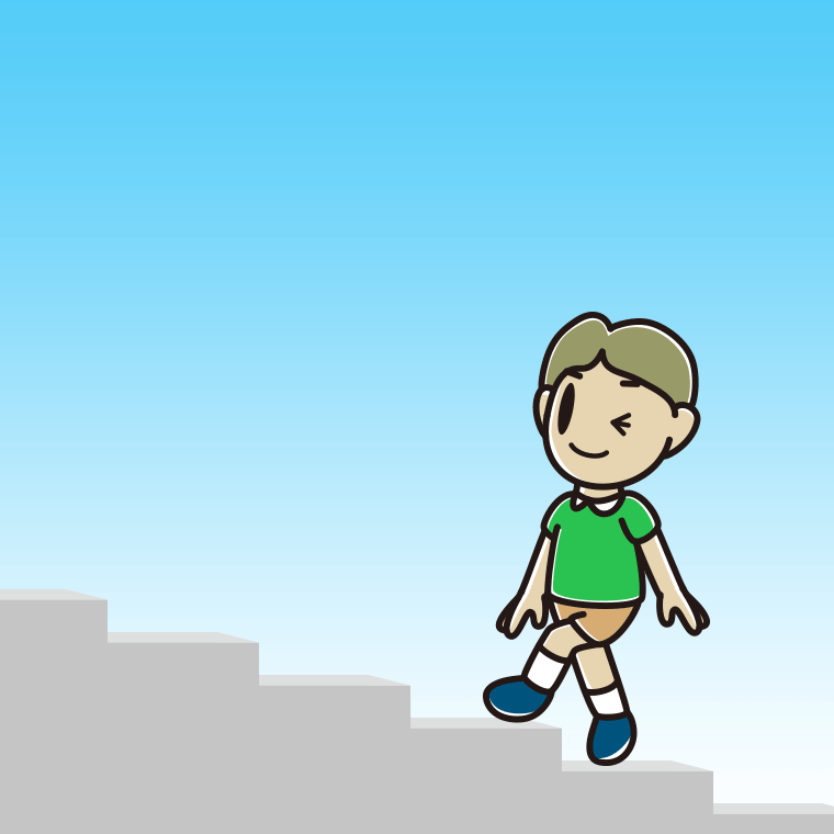 ウインクしながら階段を上る小学生男子のイラスト【色、背景あり】PNG
