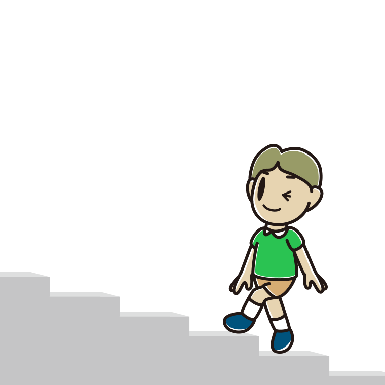 ウインクしながら階段を上る小学生男子のイラスト【色あり、背景なし】透過PNG