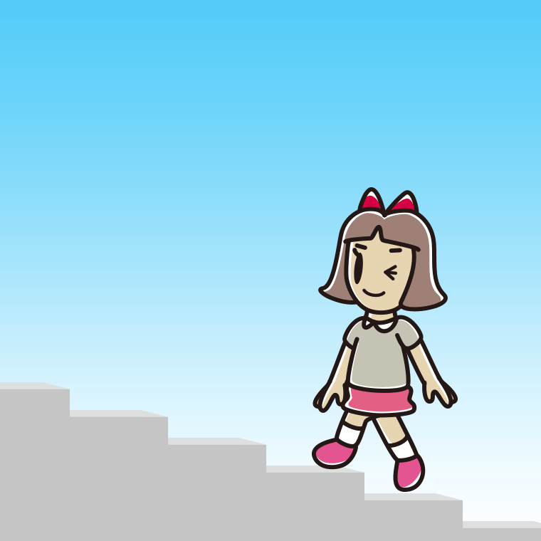 ウインクしながら階段を上る小学生女子のイラスト【色、背景あり】PNG