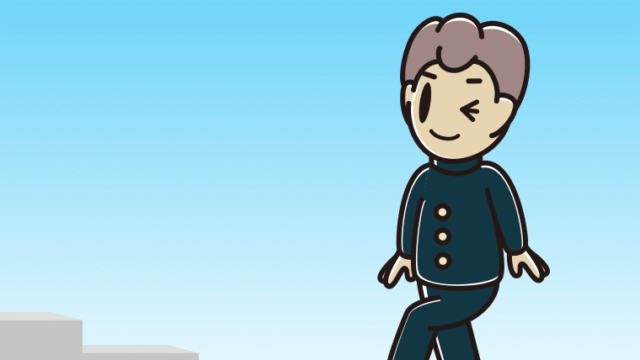 ウインクしながら階段を上る男子中学生のイラスト【色、背景あり】PNG
