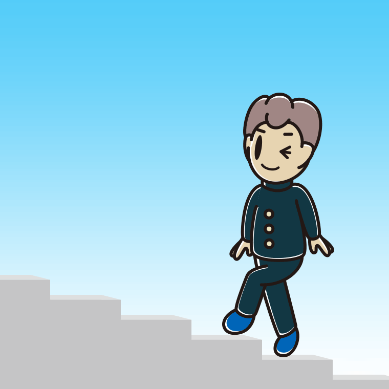 ウインクしながら階段を上る男子中学生のイラスト【色、背景あり】PNG