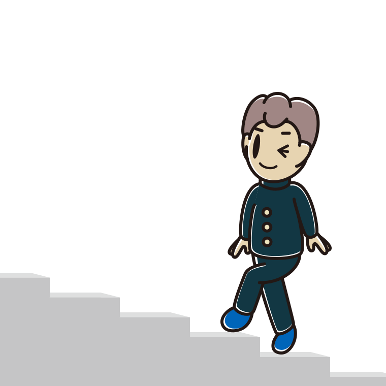 ウインクしながら階段を上る男子中学生のイラスト【色あり、背景なし】透過PNG