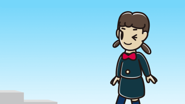 ウインクしながら階段を上る女子中学生のイラスト【色、背景あり】PNG