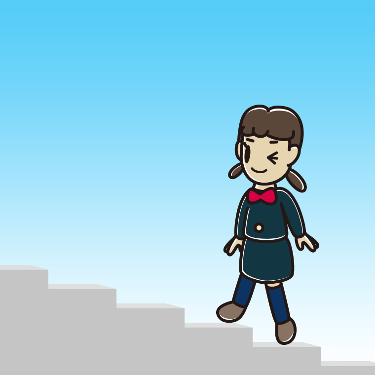 ウインクしながら階段を上る女子中学生のイラスト【色、背景あり】PNG