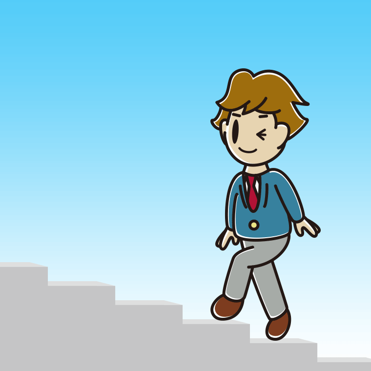 ウインクしながら階段を上る男子高校生のイラスト【色、背景あり】PNG