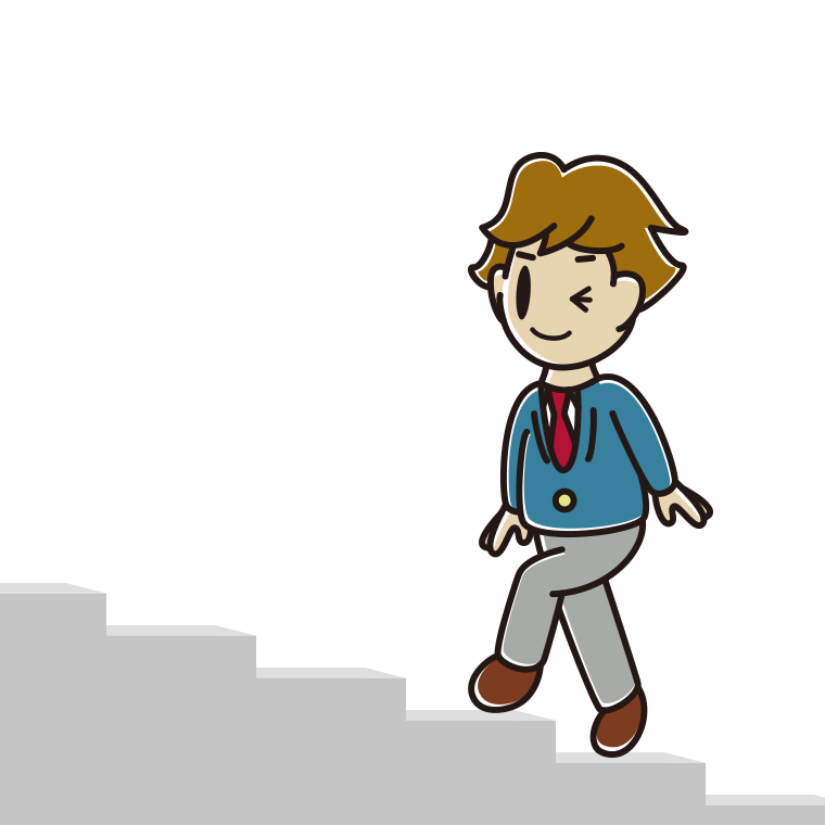 ウインクしながら階段を上る男子高校生のイラスト【色あり、背景なし】透過PNG