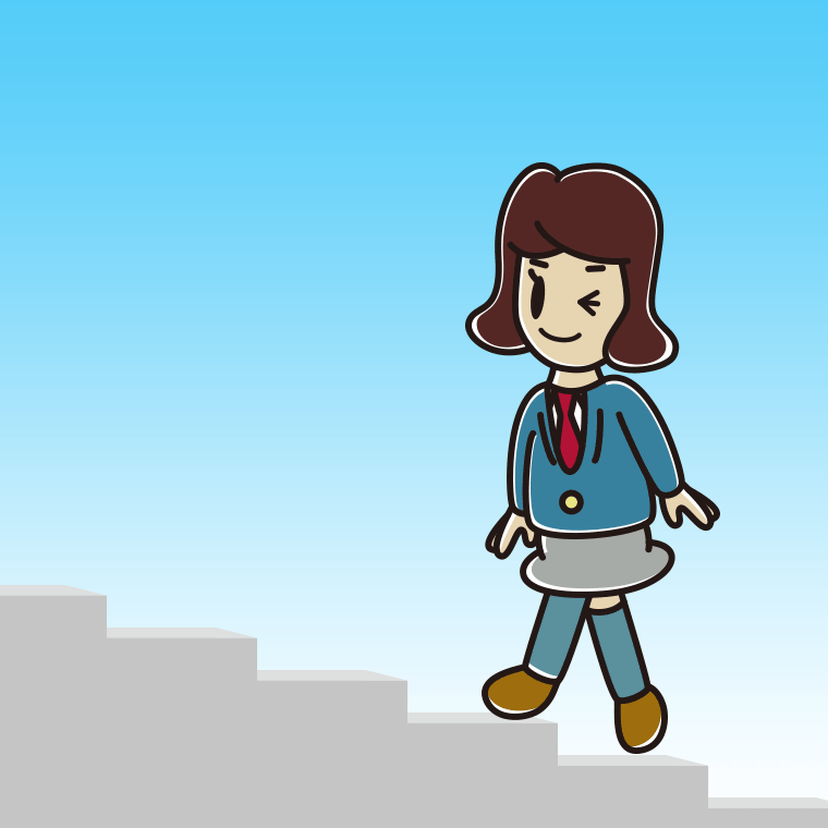 ウインクしながら階段を上る女子高校生のイラスト【色、背景あり】PNG