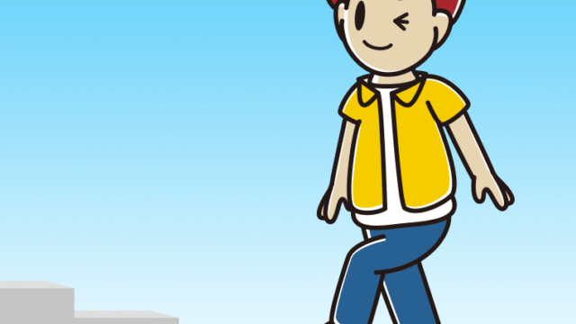 ウインクしながら階段を上る男子大学生のイラスト【色、背景あり】PNG