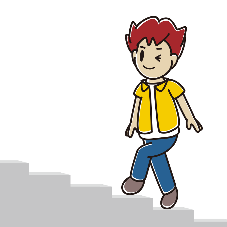 ウインクしながら階段を上る男子大学生のイラスト【色あり、背景なし】透過PNG