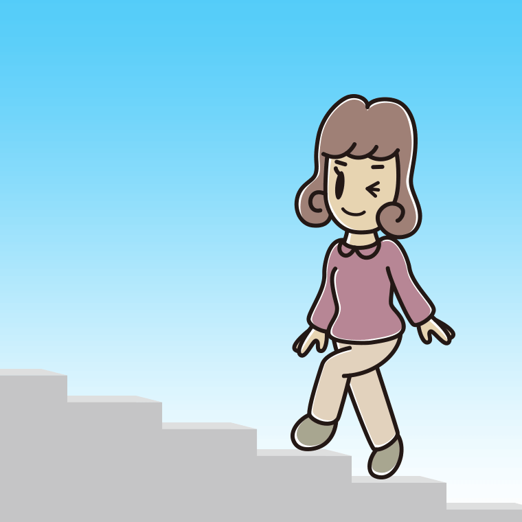 ウインクしながら階段を上る女子大学生のイラスト【色、背景あり】PNG