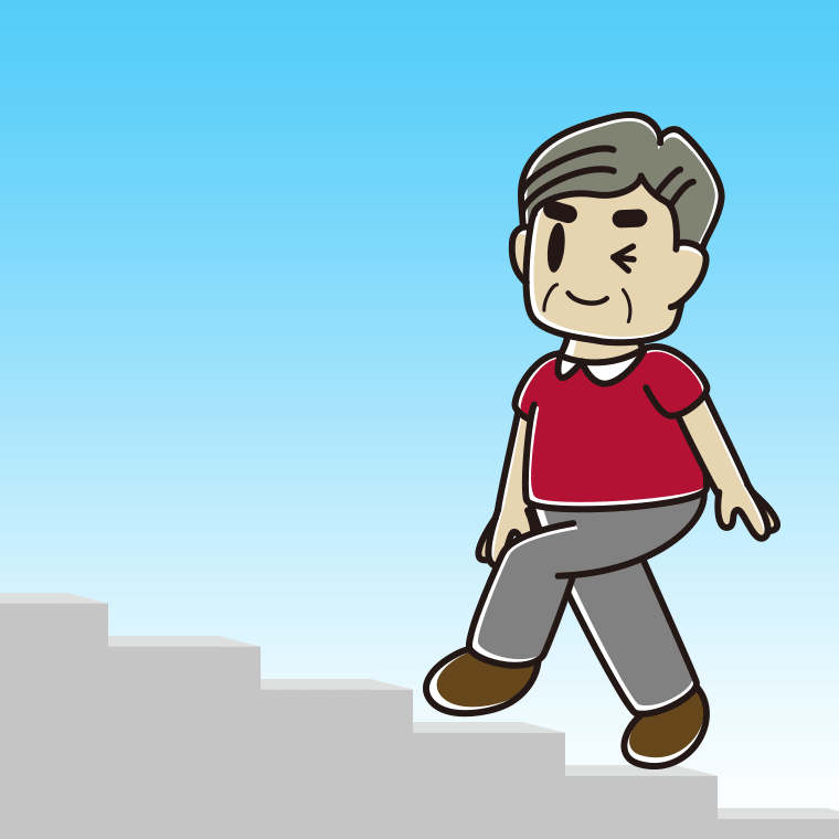 ウインクしながら階段を上るおじさんのイラスト【色、背景あり】PNG