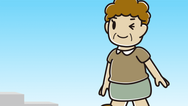 ウインクしながら階段を上るおばさんのイラスト【色、背景あり】PNG