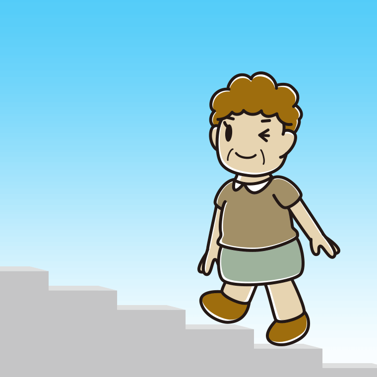 ウインクしながら階段を上るおばさんのイラスト【色、背景あり】PNG