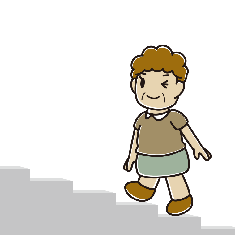 ウインクしながら階段を上るおばさんのイラスト【色あり、背景なし】透過PNG