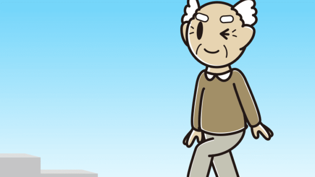 ウインクしながら階段を上るおじいさんのイラスト【色、背景あり】PNG