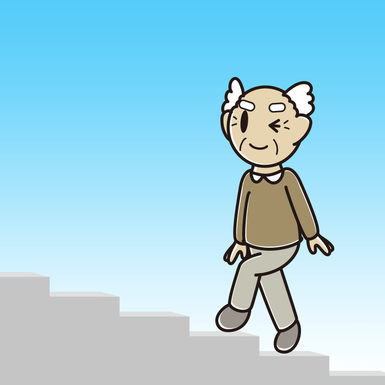 ウインクしながら階段を上るおじいさんのイラスト【色、背景あり】PNG