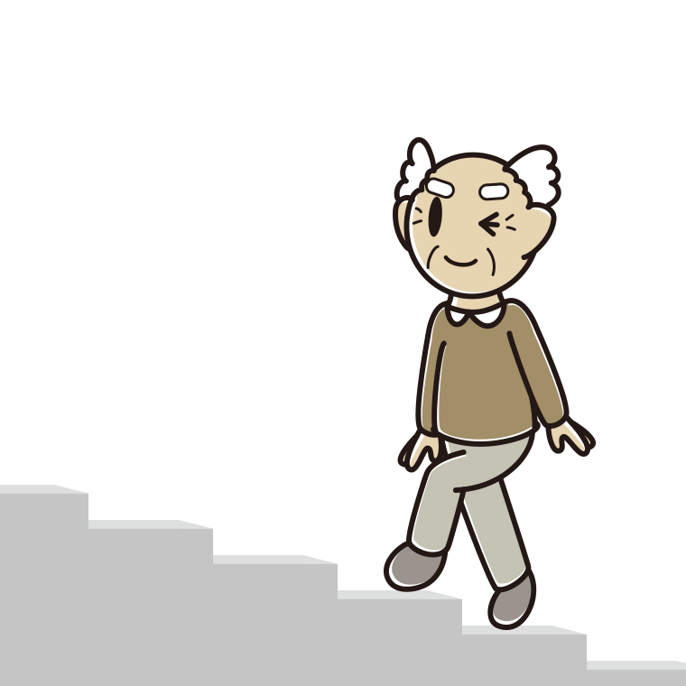 ウインクしながら階段を上るおじいさんのイラスト【色あり、背景なし】透過PNG