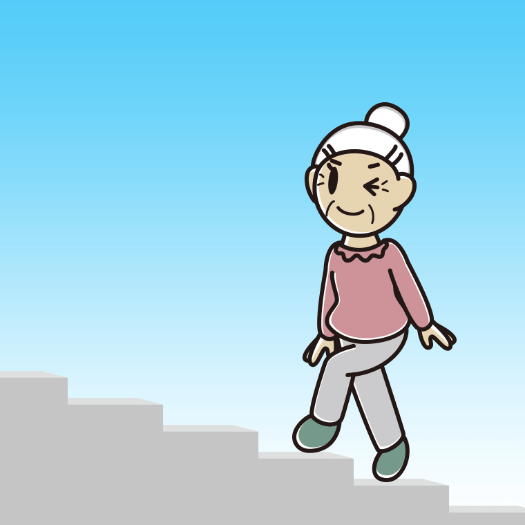 ウインクしながら階段を上るおばあさんのイラスト【色、背景あり】PNG