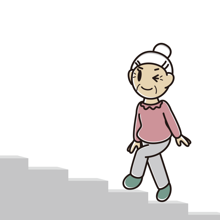 ウインクしながら階段を上るおばあさんのイラスト【色あり、背景なし】透過PNG