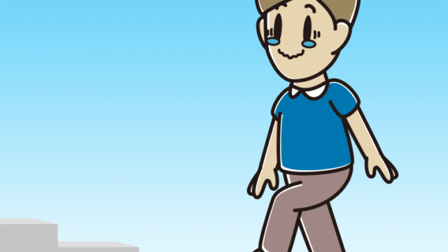 ジーンとしながら階段を上る男性のイラスト【色、背景あり】PNG